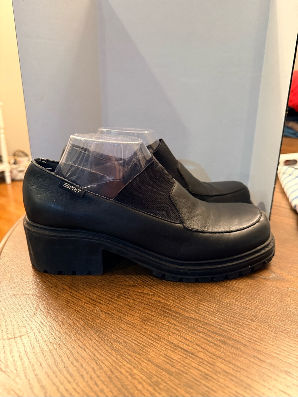 Vintage black leather Esprit platform slip-on shoes with a chunky block heel. 10